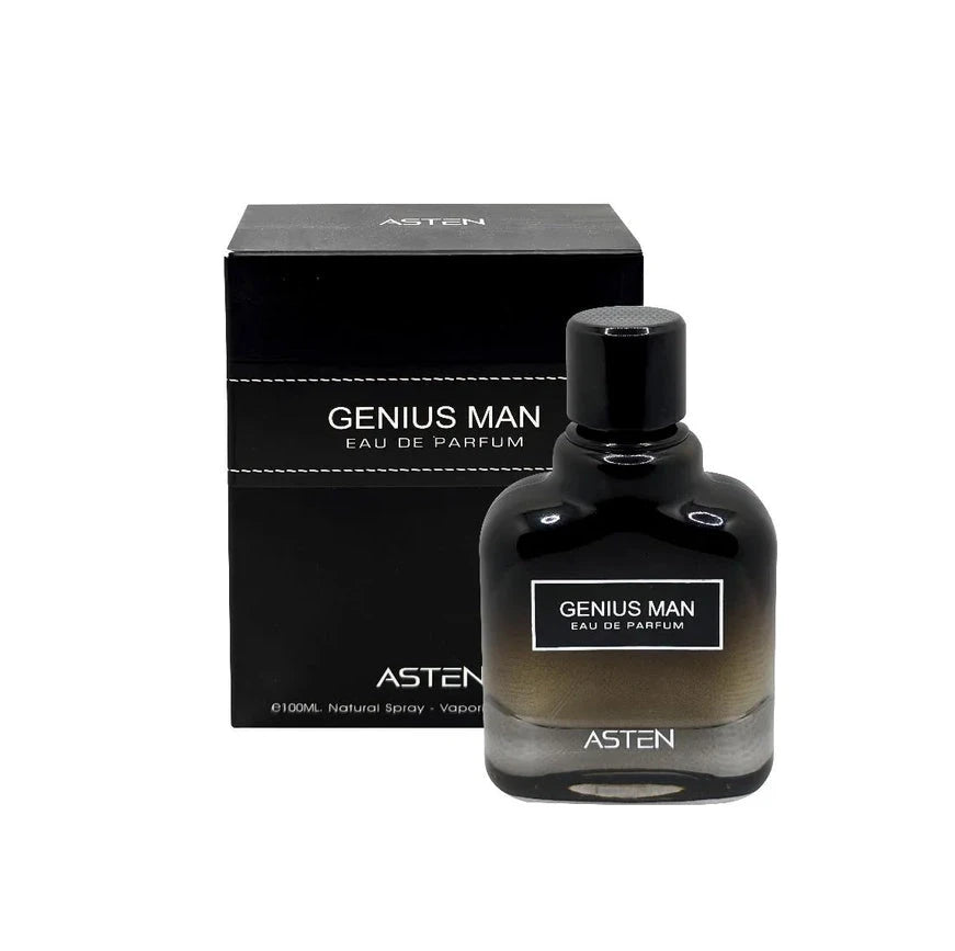 A rectangular black box with white stitched accents labeled “Genius Man Eau De Parfum” by Asten, displayed beside a sleek black-to-gray gradient glass bottle topped with a round black cap and the same text on its front.