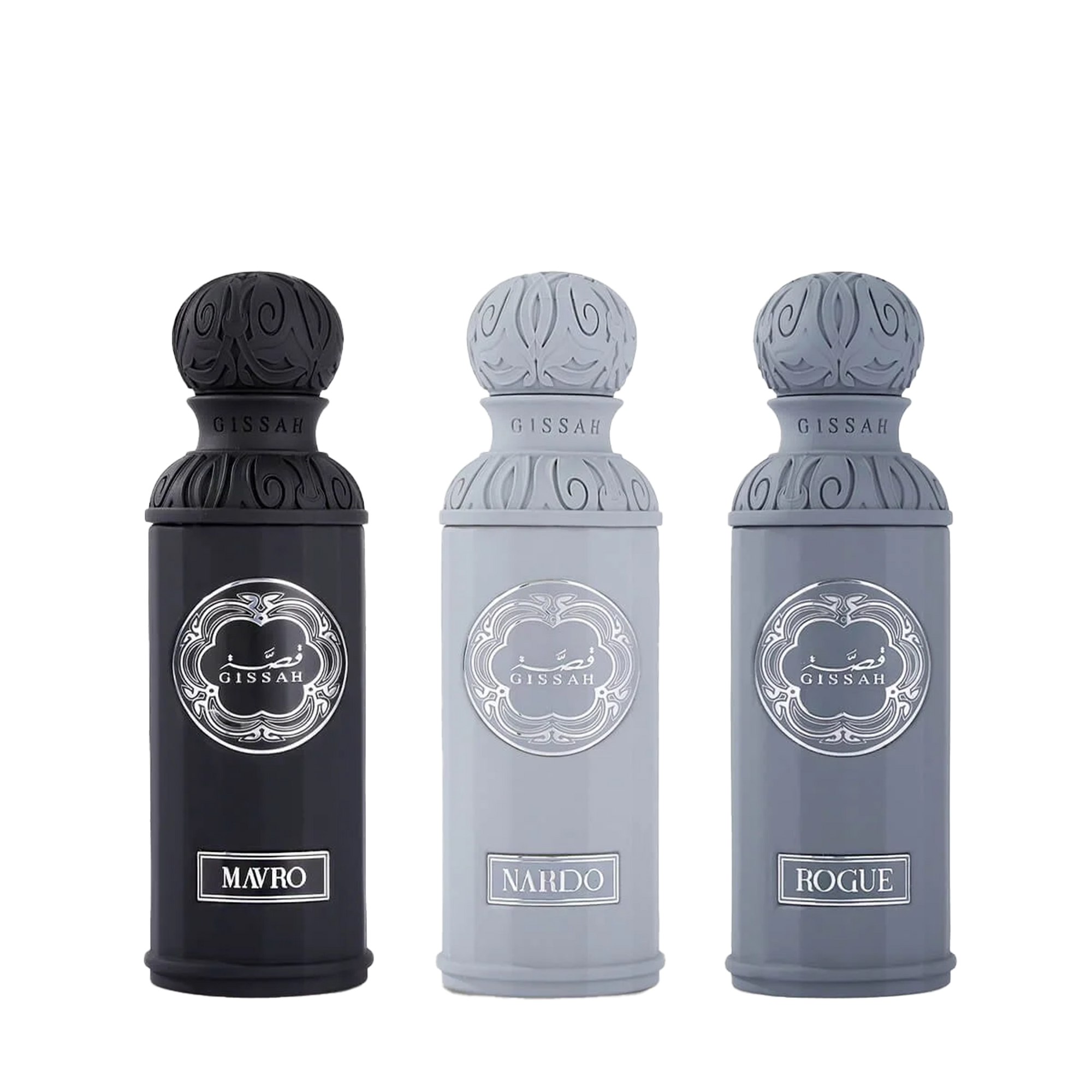 Gissah Graphite Set featuring Mavro, Nardo, and Rogue perfumes in black and grey bottles.