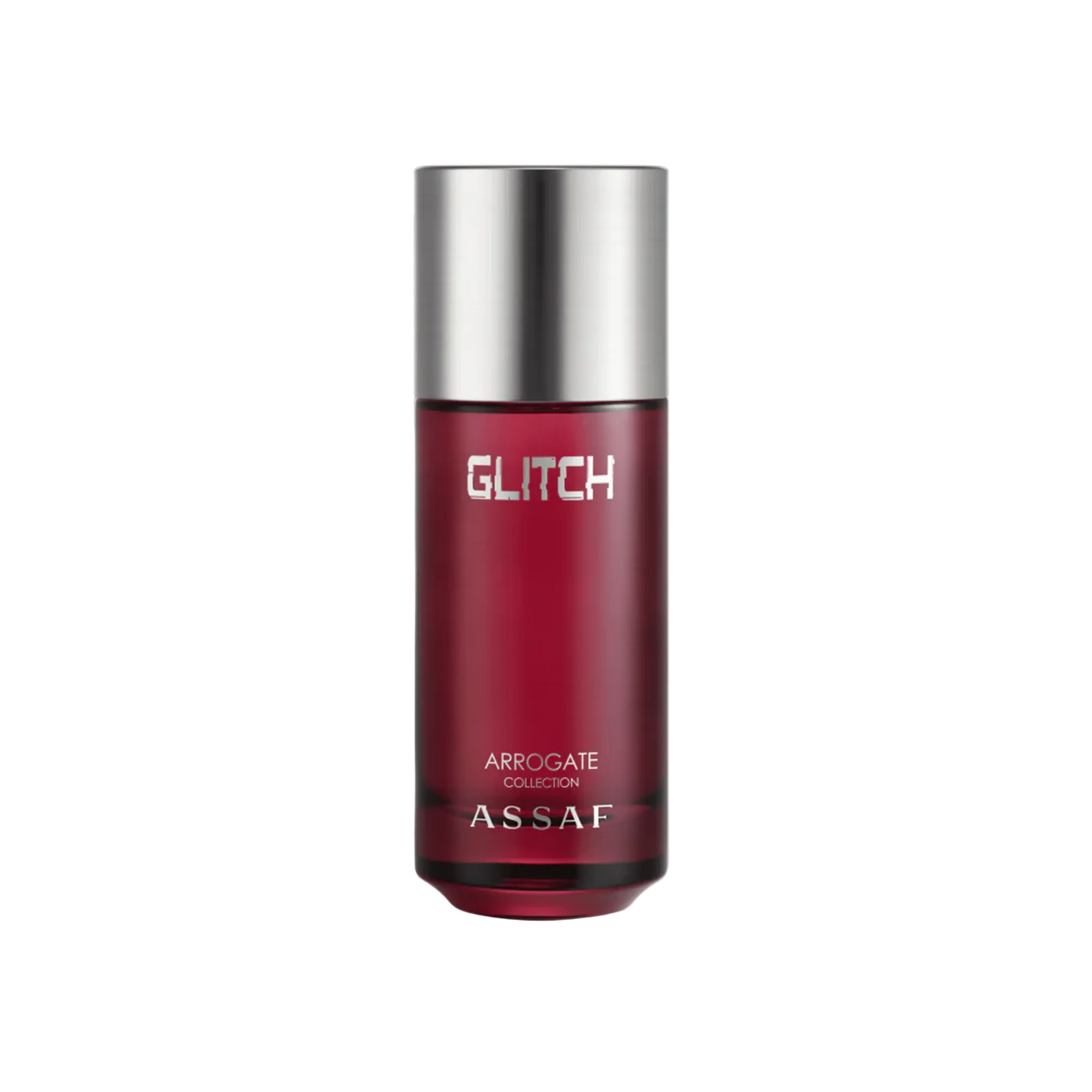 Glitch perfume by Assaf Arrogate Collection in red bottle with silver cap.