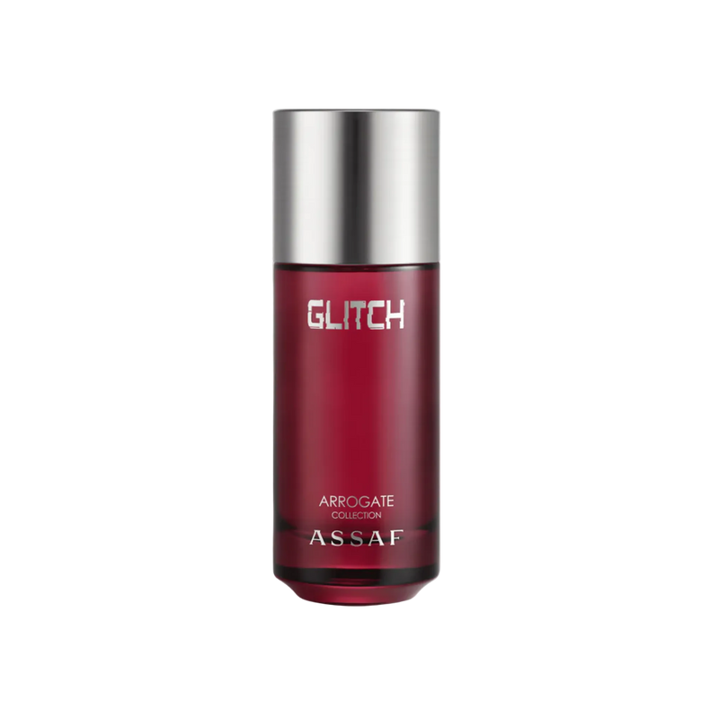 Glitch perfume by Assaf Arrogate Collection in red bottle with silver cap.