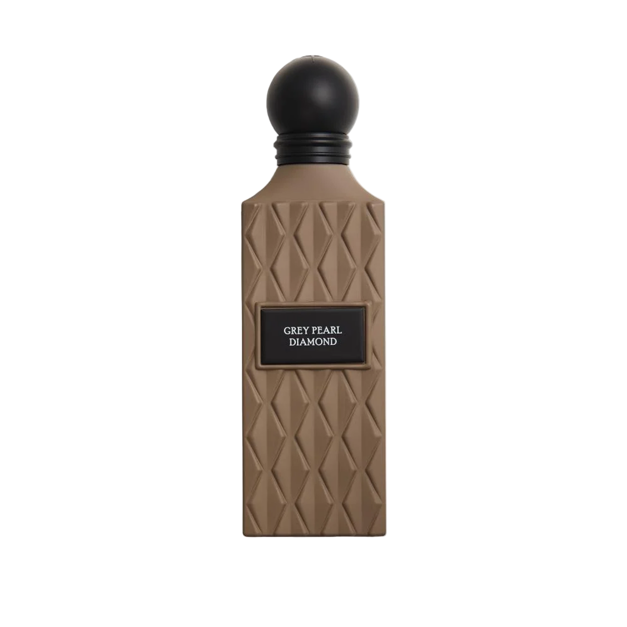 Brown geometric perfume bottle with black round cap and a label reading “Grey Pearl Diamond”.