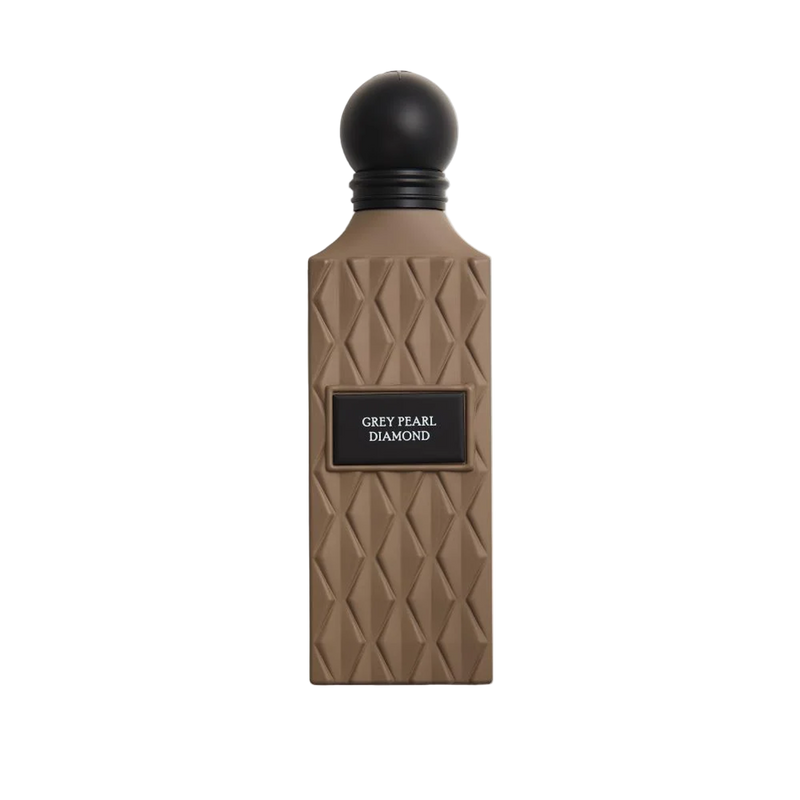 Brown geometric perfume bottle with black round cap and a label reading “Grey Pearl Diamond”.
