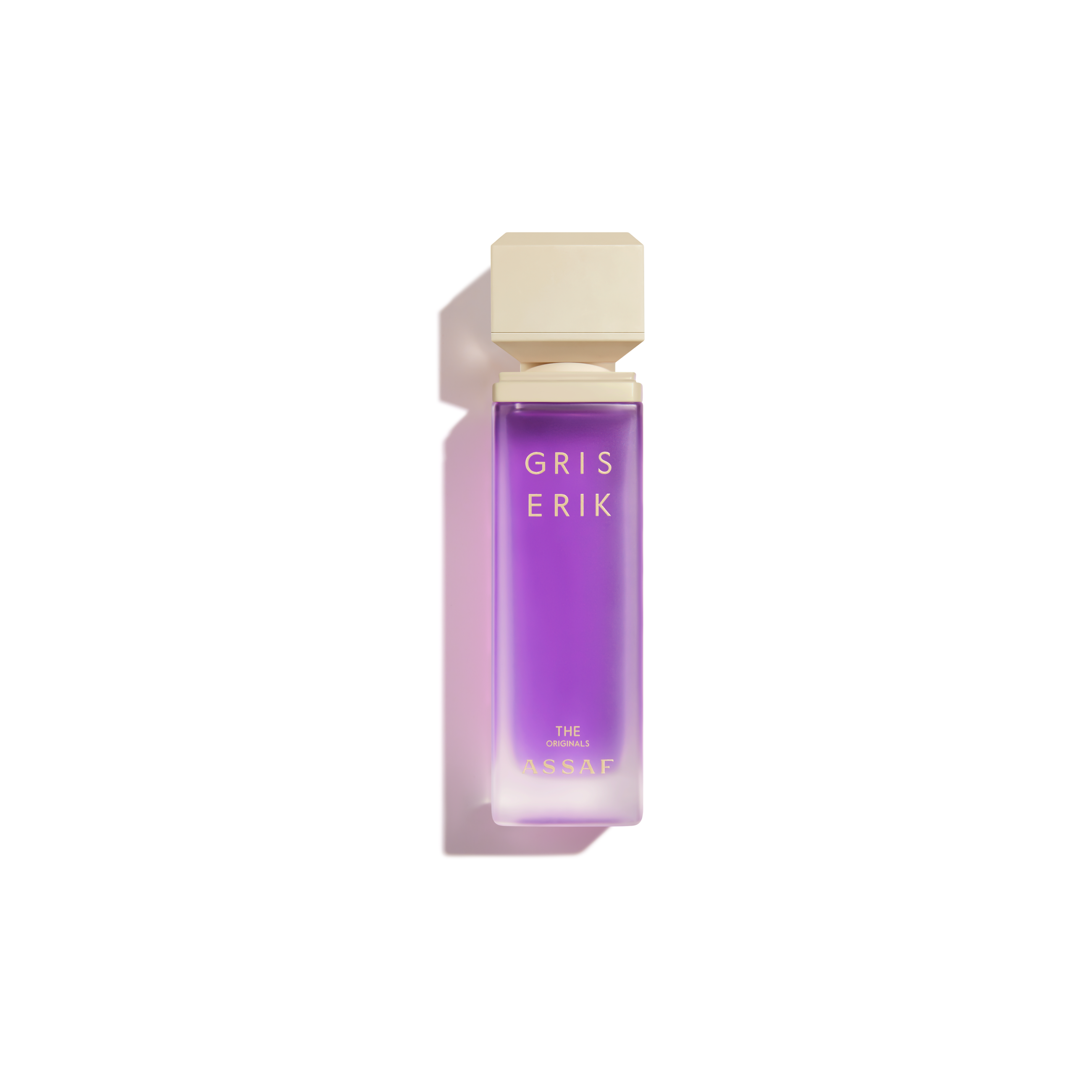 Assaf Gris Erik Eau De Parfum bottle with a tall frosted purple glass body, square beige cap with gold accent, and elegant gold lettering.