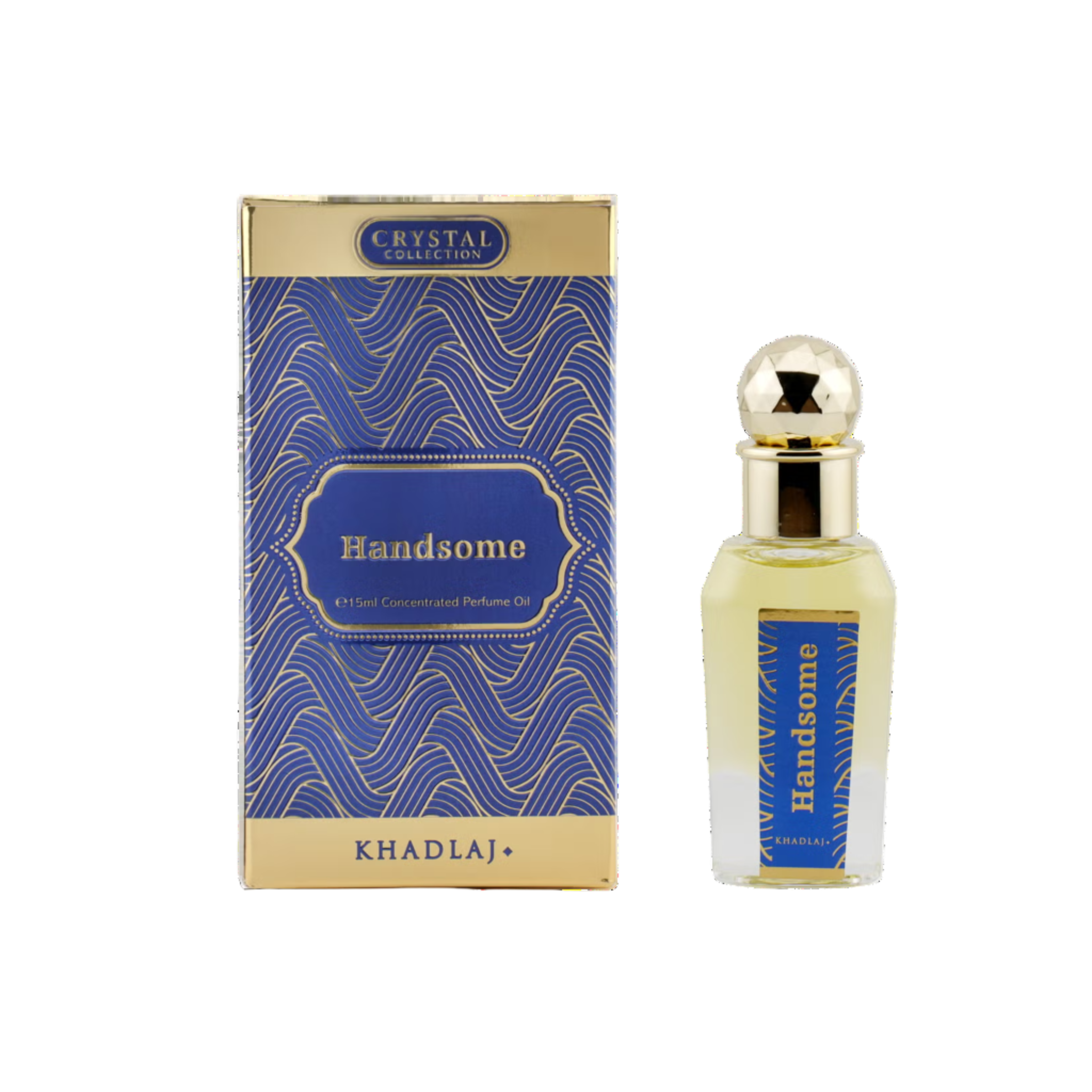 Khadlaj Handsome concentrated perfume oil with blue and gold box and matching bottle.