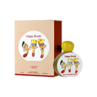 Happy Brush by Lattafa, featuring a playful perfume bottle and box with cartoon paintbrush characters and a bright yellow cap.