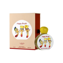 Happy Brush by Lattafa, featuring a playful perfume bottle and box with cartoon paintbrush characters and a bright yellow cap.