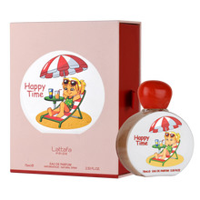 Lattafa Happy Time perfume bottle and packaging with cartoon design.
