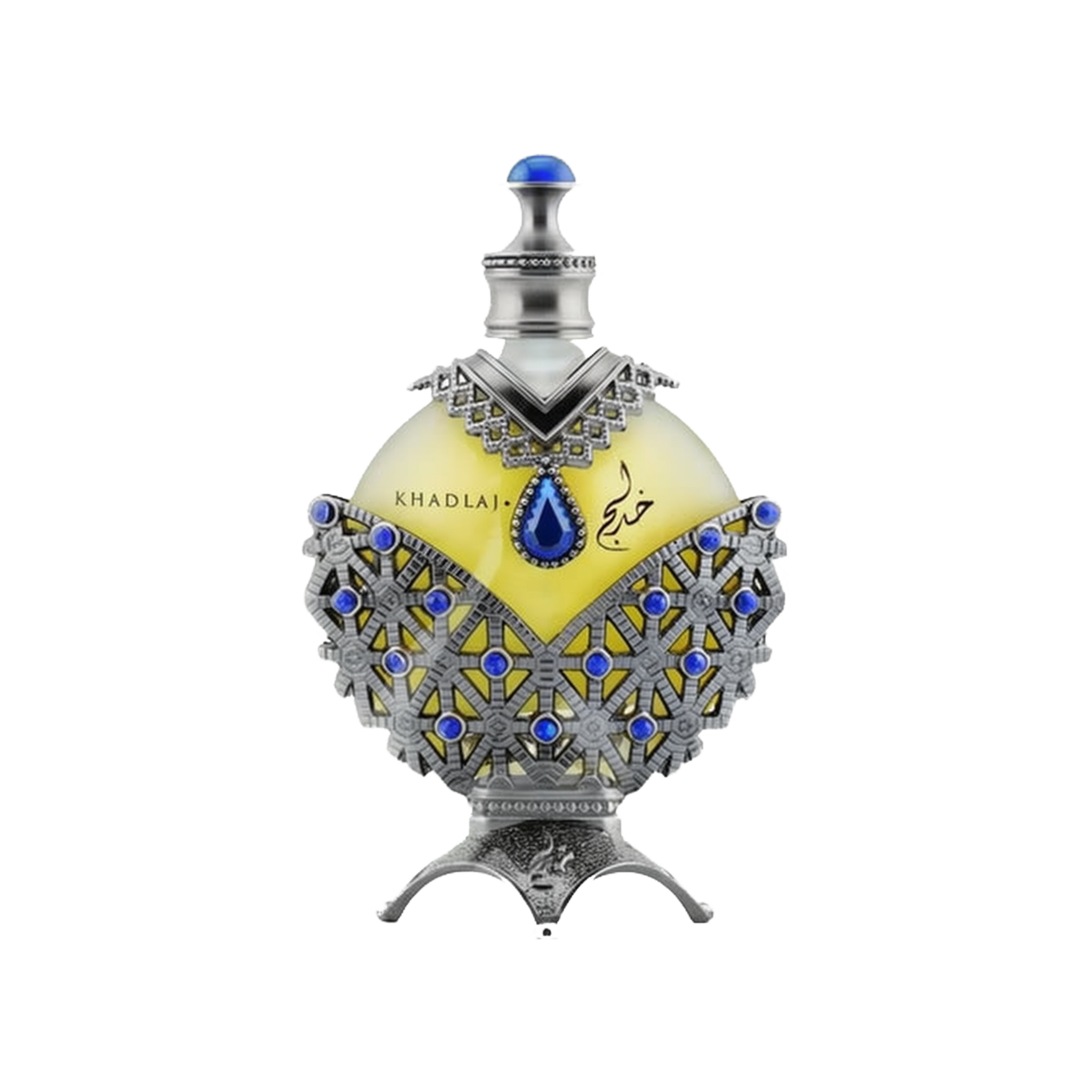 A luxurious perfume box and bottle from the brand Khadlaj, named Hareem Al Sultan Blue. The box is designed with intricate silver and blue patterns, featuring an ornate design that exudes elegance and sophistication. The perfume bottle is shaped like a teardrop and embellished with detailed silver and blue decorations.  The bottle has a prominent blue jewel at its center and is topped with a silver cap adorned with a blue gem.