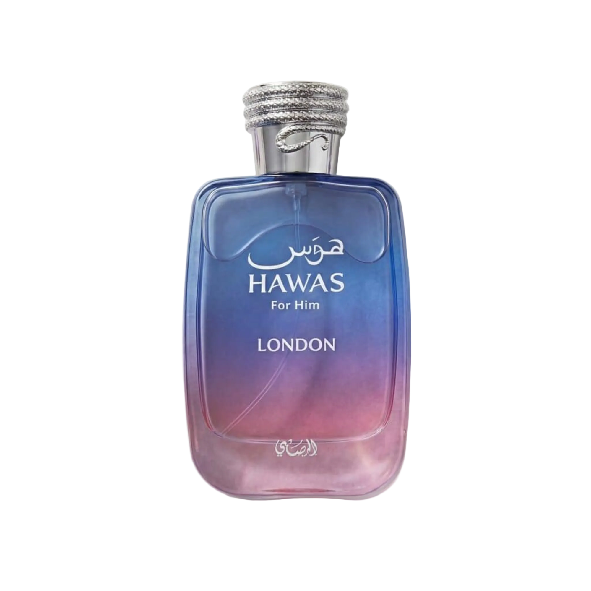 Hawas For Him London perfume in a blue-to-pink gradient glass bottle with a silver textured cap.