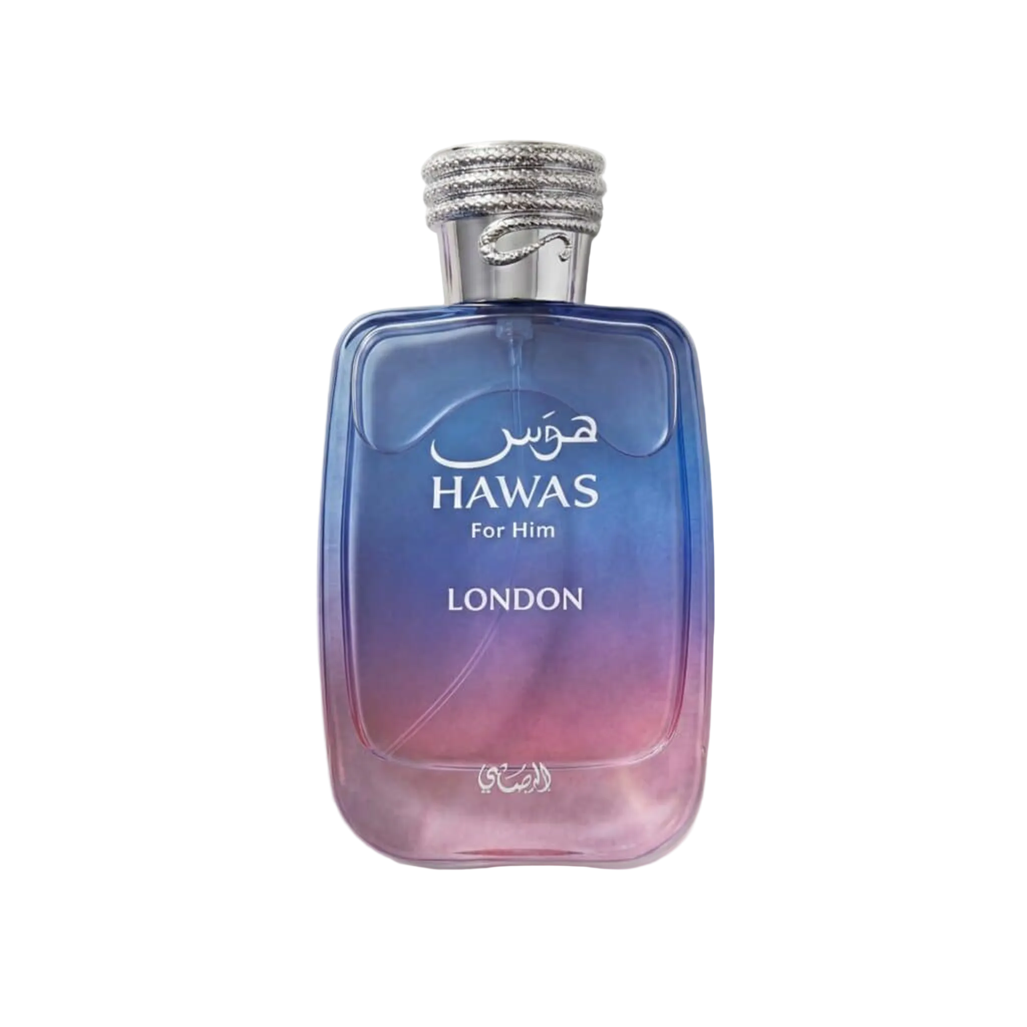 Hawas For Him London perfume in a blue-to-pink gradient glass bottle with a silver textured cap.