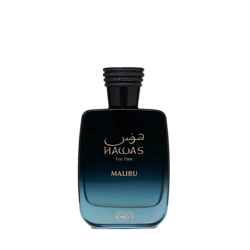 Dark blue gradient perfume bottle with black cap and Hawas For Him Malibu branding.