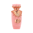 The image is a product shot of a pink bottle with metallic rose gold accents. The bottle has a distinctive shape with a flared neck and a decorative element that resembles wings around the cap, which might indicate that it is a fragrance bottle. The center of the bottle features a metallic rose gold oval-shaped plaque with an emblem or logo. The cap also has a small, circular detail that could be a gemstone, adding to the luxurious appearance of the bottle. 