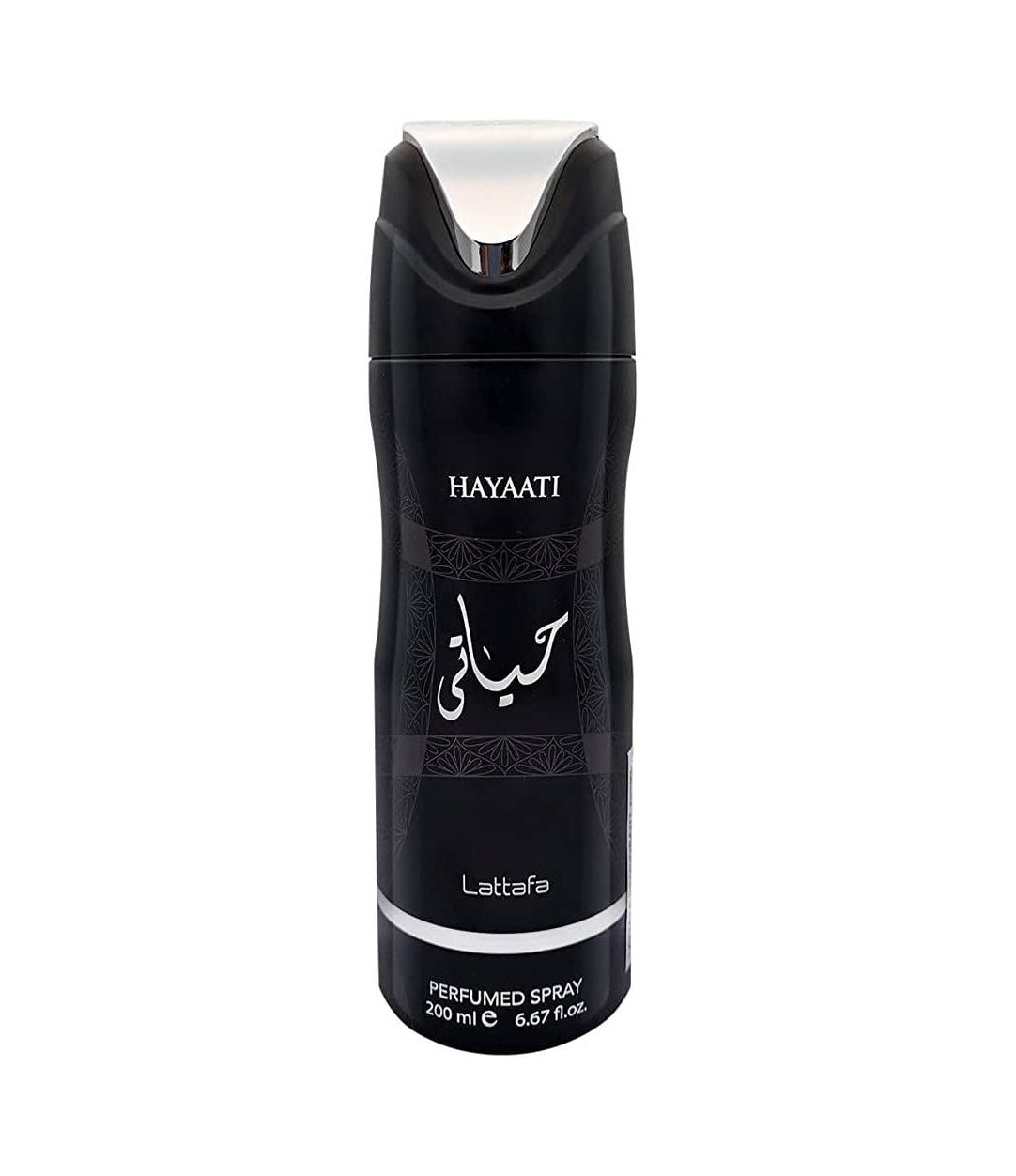 A can of Hayaati Perfumed Body Spray by Lattafa. The 200ml spray features a sleek black design with silver accents, including a silver spray nozzle and horizontal band near the base. The front displays the name "Hayaati" in white text along with Arabic script and the Lattafa logo beneath it. The design has a modern, masculine aesthetic with subtle geometric patterns integrated into the background.
