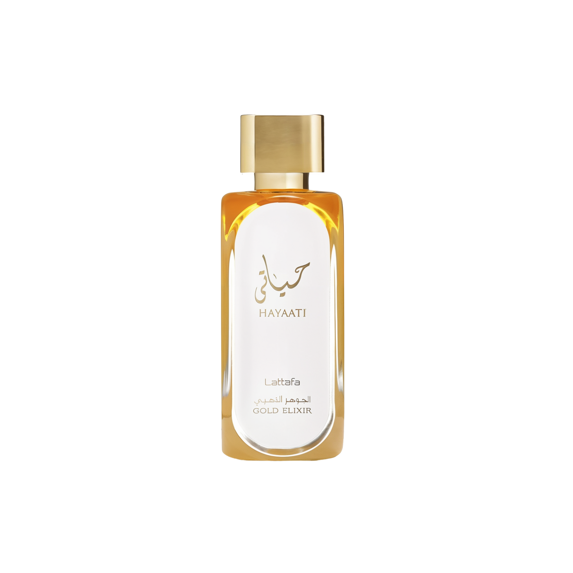 A rectangular glass perfume bottle filled with golden liquid, featuring a sleek gold cap. The front is printed with Arabic and English text reading “Hayaati Lattafa Gold Elixir.”