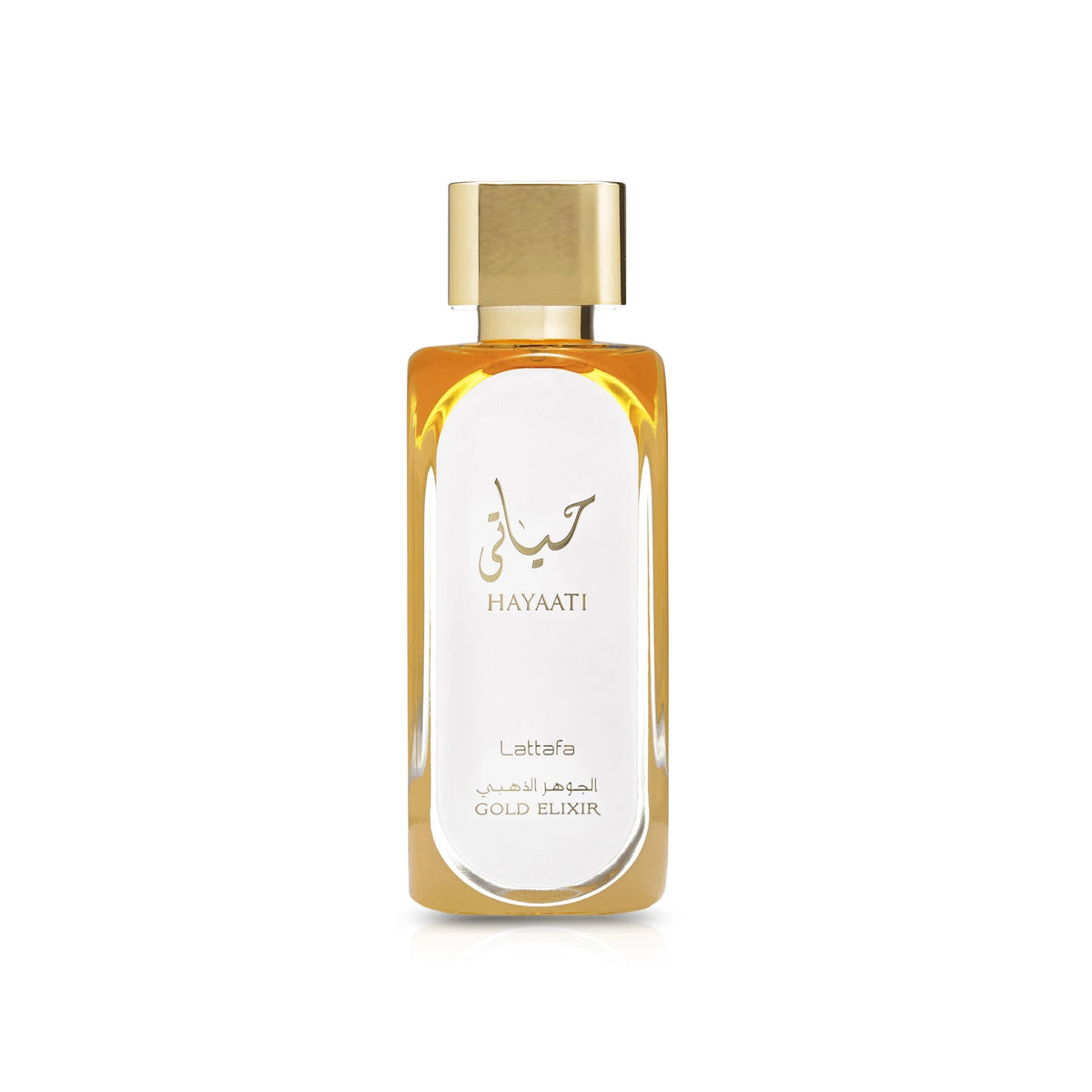 A rectangular glass perfume bottle filled with golden liquid, featuring a sleek gold cap. The front is printed with Arabic and English text reading “Hayaati Lattafa Gold Elixir.”