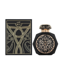 A luxurious black, octagonal perfume bottle with intricate, gold embossed designs on the front, paired with a matching black and gold cap. The bottle is placed next to its elegant black box, which features elaborate gold patterns and the Gissah brand name along with "Helen" in both English and Arabic.