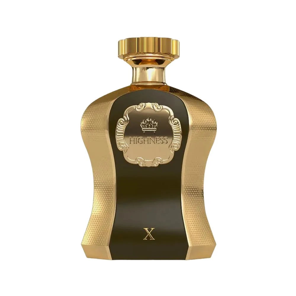 The image features an opulent perfume bottle from Afnan Perfumes named "Highness Brown X". The bottle has a unique, curvaceous shape with a metallic gold finish and textured details. A dark, opaque central panel with the word "HIGHNESS" inscribed within an ornate decorative frame adds contrast. Topping the bottle is a gold cap that complements its luxurious design.
