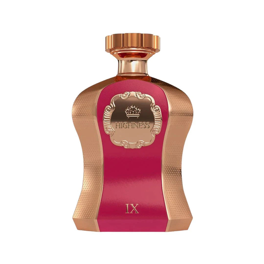 An image of a striking perfume bottle from Afnan Perfumes named "Highness Maroon IX". The bottle has a bold maroon center with a rose gold textured metallic finish on the edges. It features a crown emblem within an ornate frame on the maroon label, with the word "HIGHNESS" prominently displayed. The top of the bottle is adorned with a smooth rose gold cap. 