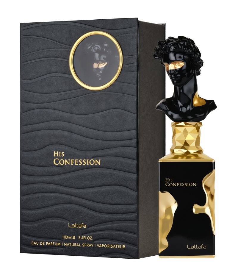 A black perfume bottle with dramatic gold accents, topped with a sculpted bust wearing a partial gold mask, labeled “His Confession” by Lattafa. The matching black box features wavy texture and a circular window revealing a masked bust image.