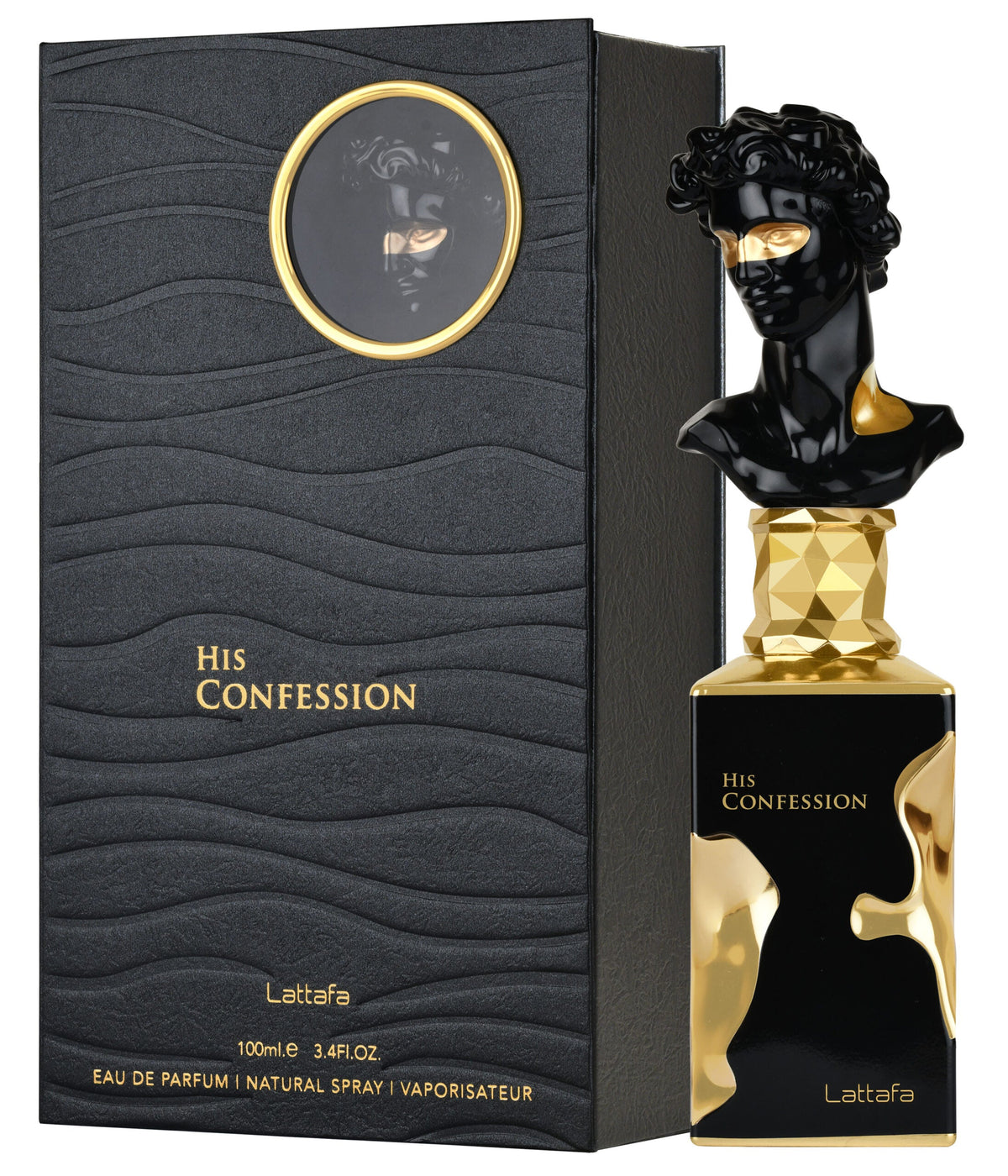 A black perfume bottle with dramatic gold accents, topped with a sculpted bust wearing a partial gold mask, labeled “His Confession” by Lattafa. The matching black box features wavy texture and a circular window revealing a masked bust image.