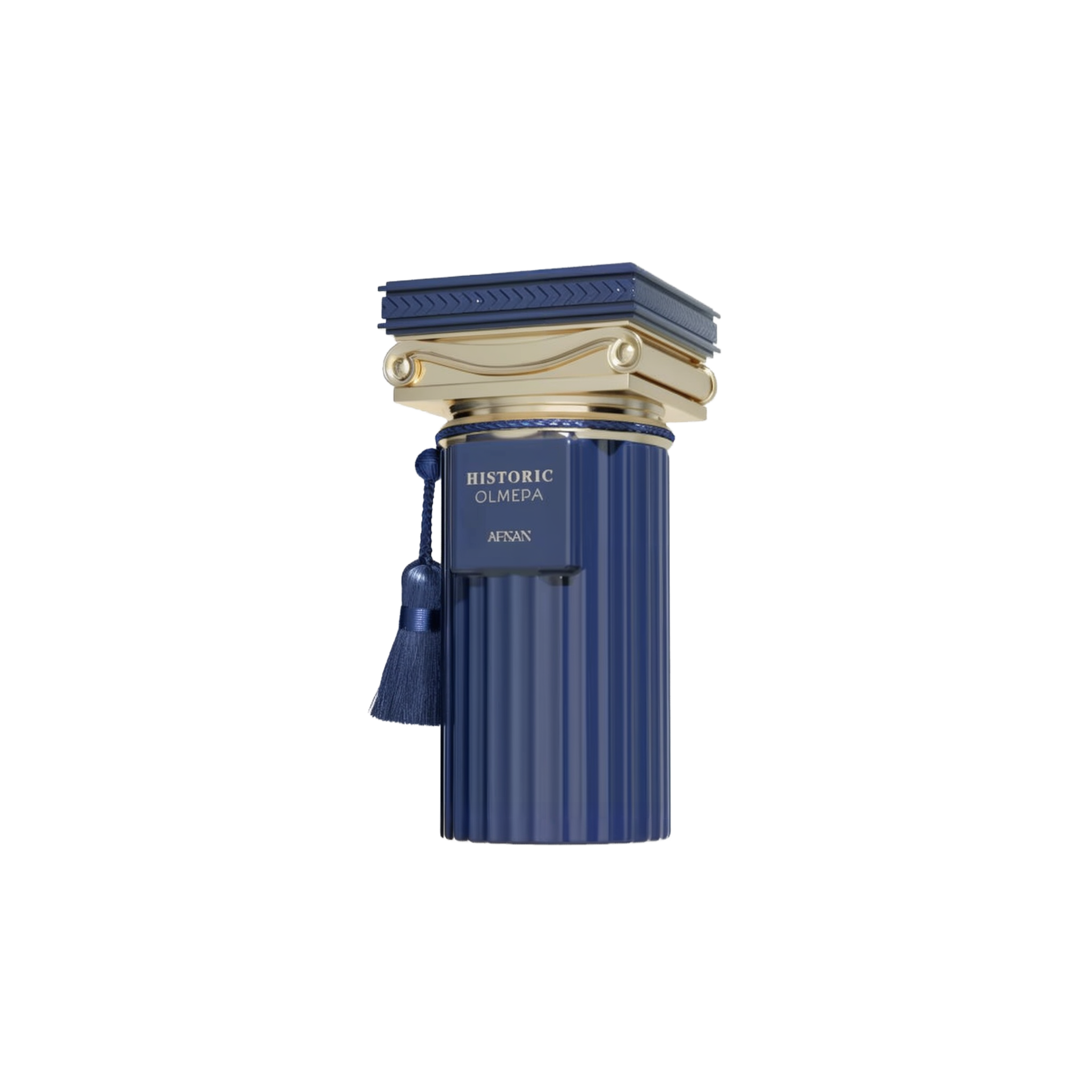 The image is of a luxurious fragrance bottle. The bottle is cylindrical and has a deep blue color with vertical ridges, reminiscent of Greek column designs. The cap is an elaborate gold-colored ornament with intricate details and a tassel hanging off its side. On the bottle, there is a gold label with the text "HISTORIC OLMEDA AFNAN" in bold letters. The product is set against a clean, neutral background that highlights its elegance and design details.