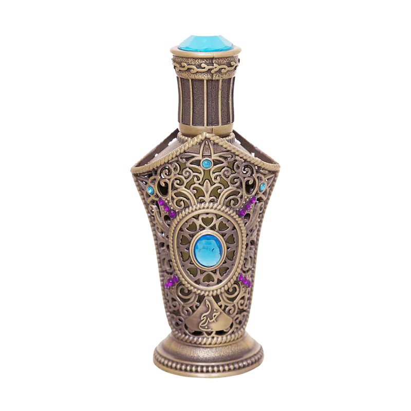 Ibhaar concentrated perfume oil bottle with ornate bronze filigree design and blue gemstone accents.