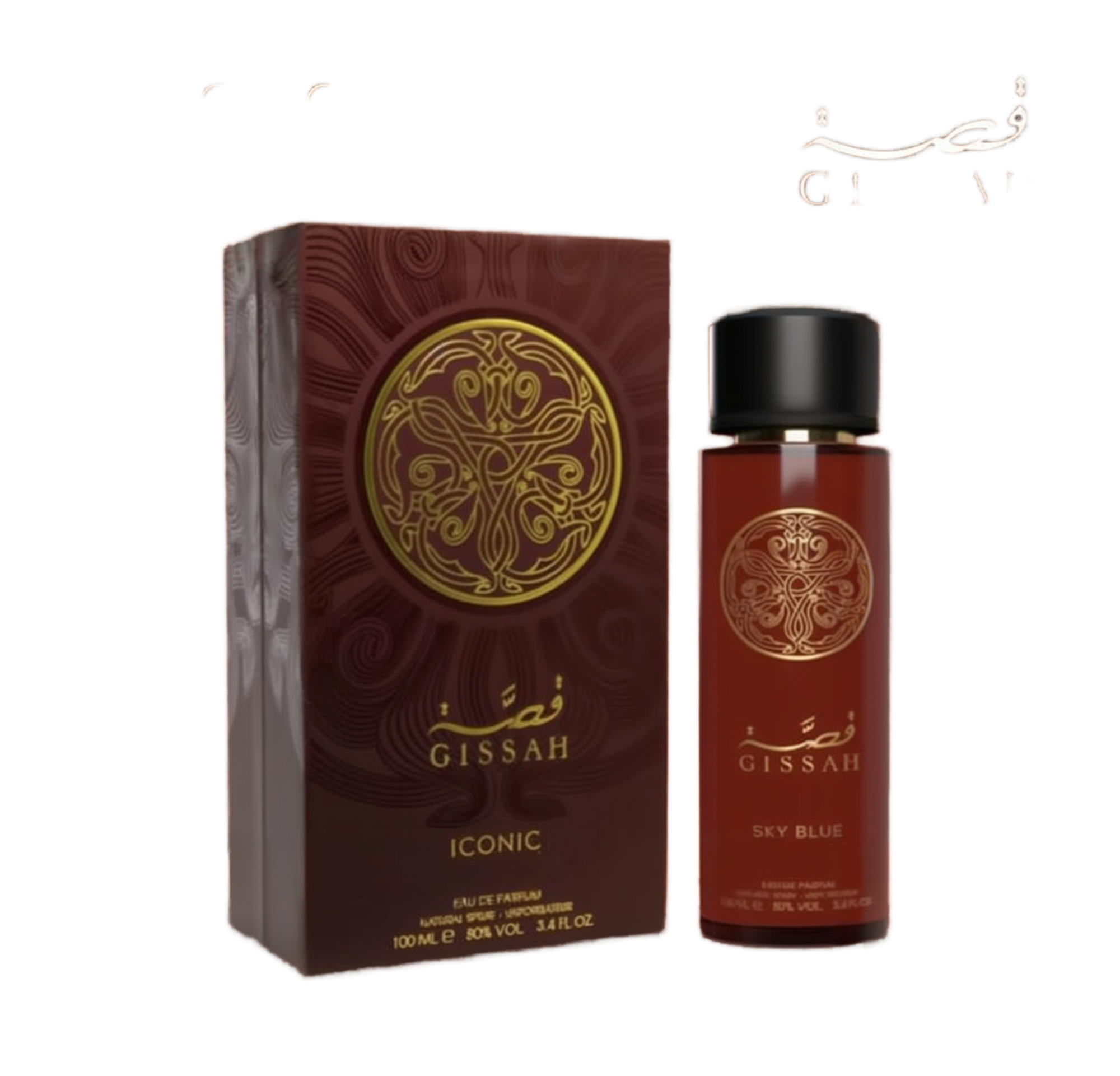 Gissah Iconic Eau De Parfum with ornate gold design on box and bottle.