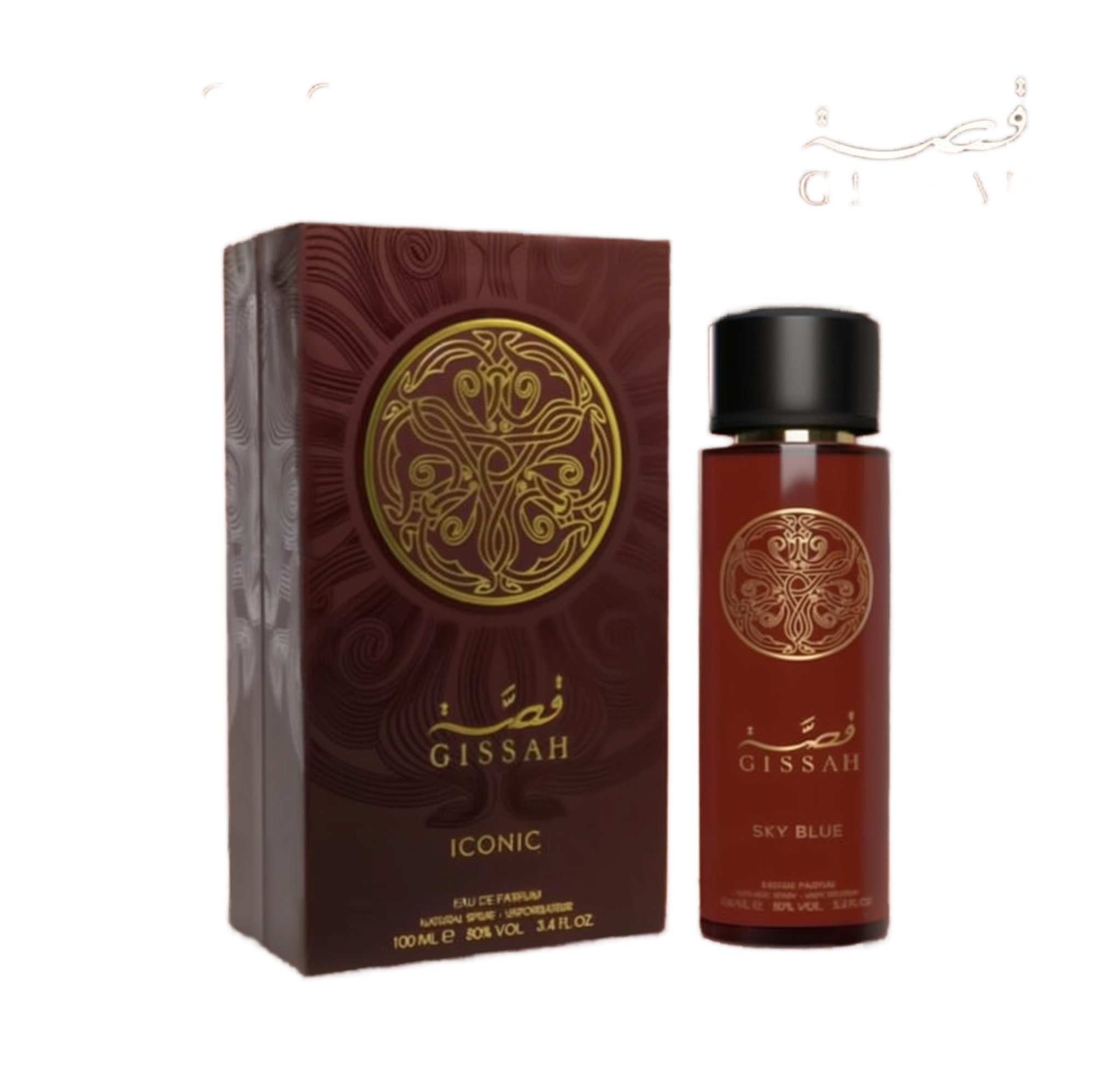 Gissah Iconic Eau De Parfum with ornate gold design on box and bottle.