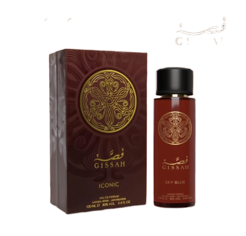 Gissah Iconic Eau De Parfum with ornate gold design on box and bottle.