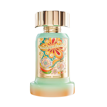 Mint green perfume bottle with gold cap and colorful floral Indomitable Paris Corner label on the front.