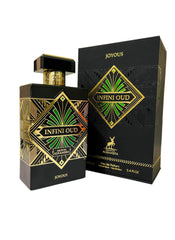 Maison Alhambra Infini Oud Joyous Eau De Parfum, 3.4 fl oz bottle with a luxurious black and gold Art Deco design featuring green accents, displayed next to a matching black and gold box.