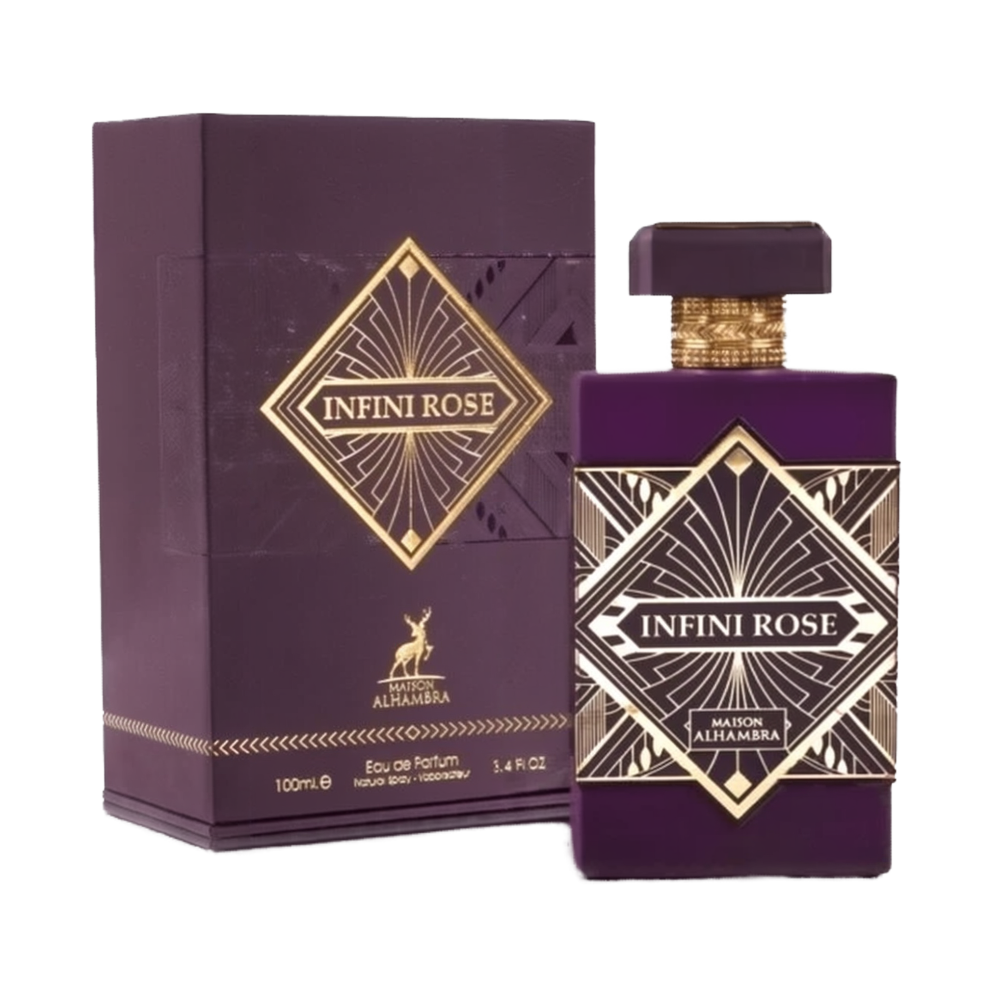 Infini Rose by Maison Alhambra - an elegant purple perfume bottle with gold geometric patterns and matching packaging. The bottle, alongside its box, features a luxurious gold and purple design with a prominent label at the center. 