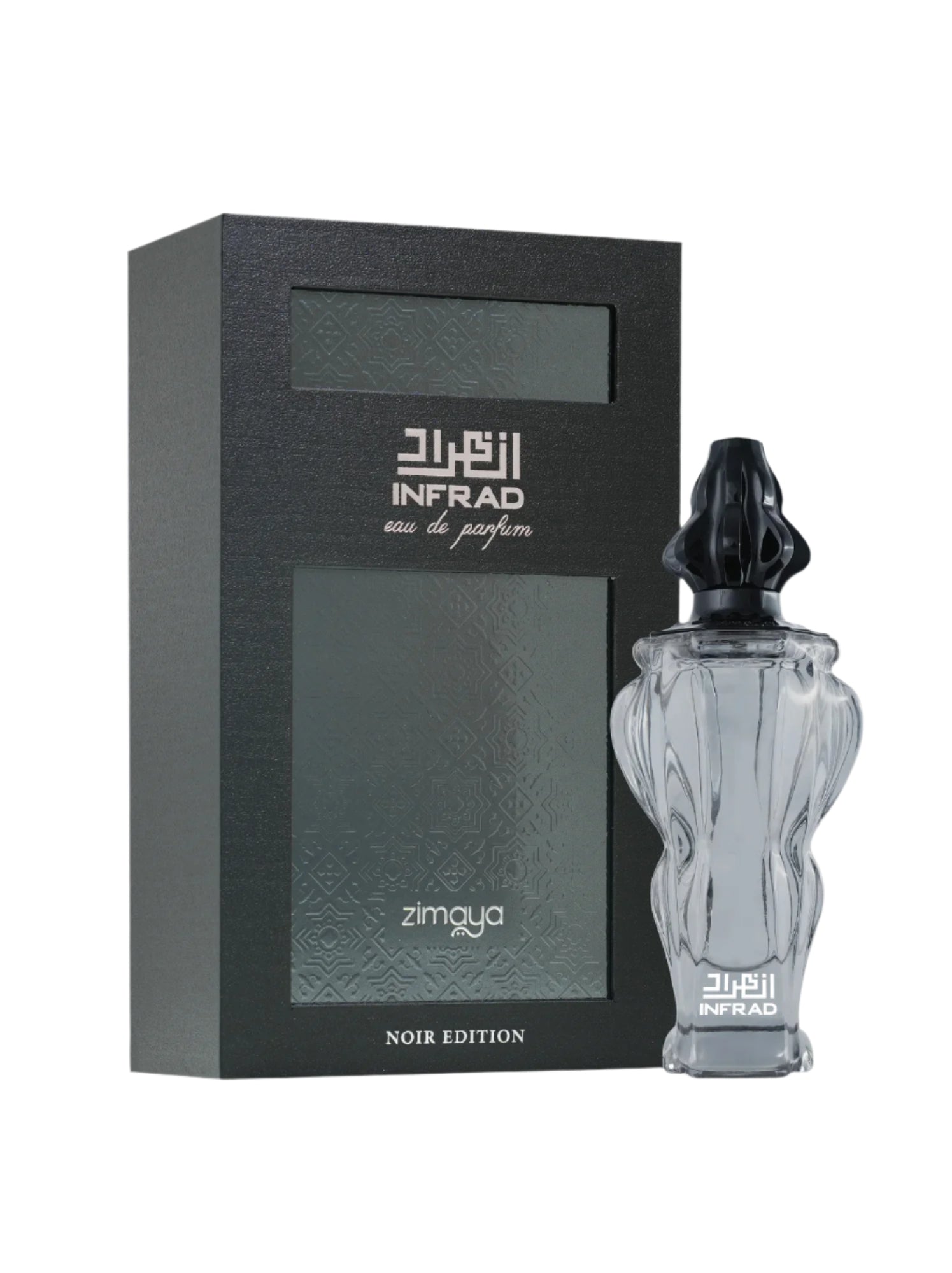 A product image of Infrad Noir Edition Eau De Parfum by Zimaya, featuring a sophisticated black and silver theme. The perfume bottle is crafted from clear glass with an intricate, sculpted design and topped with a glossy black cap. The matching box is matte black with silver embossed detailing and elegant Arabic calligraphy, prominently displaying the product name “Infrad Noir Edition” and brand “Zimaya.”