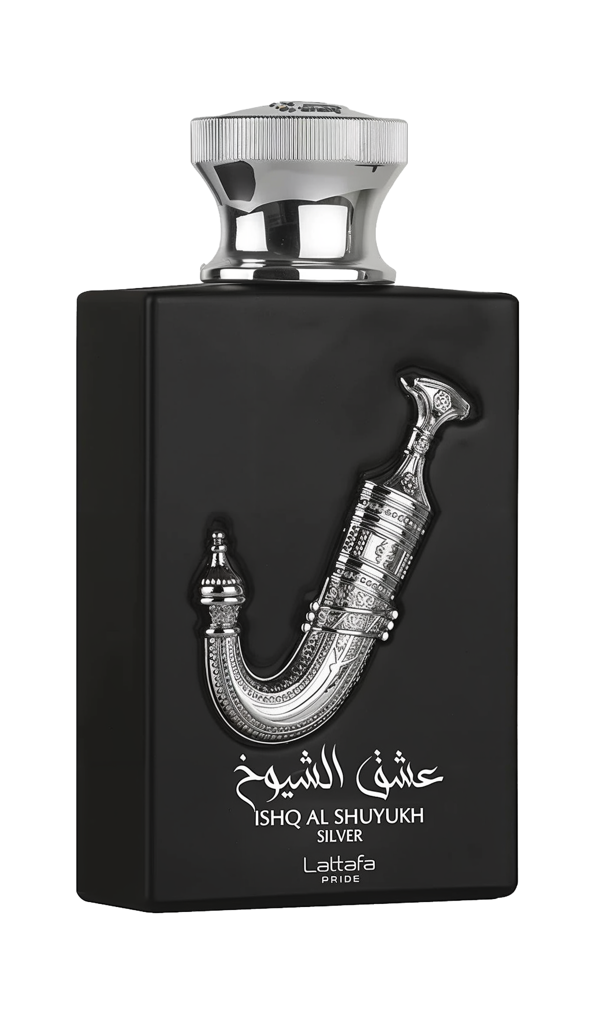 The image displays a perfume bottle named "Ishq Al Shuyukh Silver" by Lattafa Pride. The bottle is designed with a matte black finish and features a shiny silver cap. The front of the bottle is adorned with a detailed silver sculpture of a traditional Ara