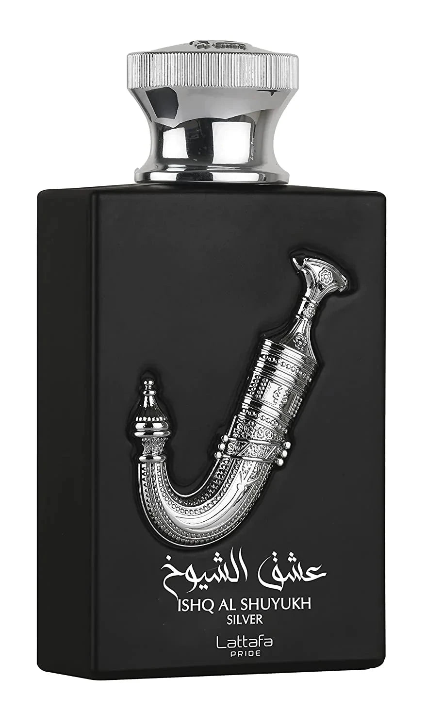 The image displays a perfume bottle named "Ishq Al Shuyukh Silver" by Lattafa Pride. The bottle is designed with a matte black finish and features a shiny silver cap. The front of the bottle is adorned with a detailed silver sculpture of a traditional Ara