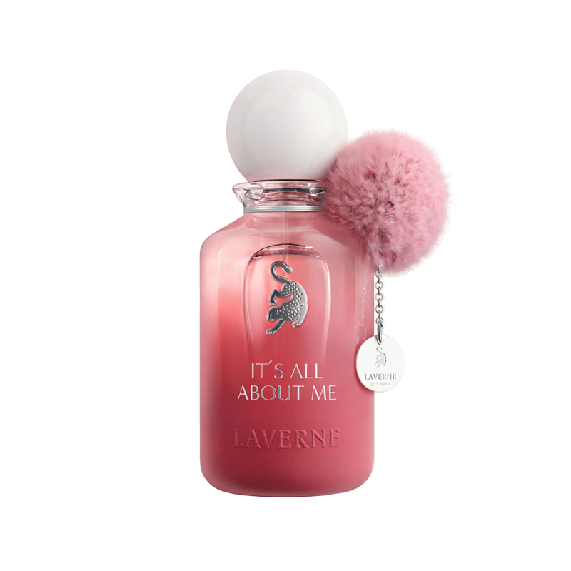 Laverne “It’s All About Me” pink perfume bottle with fluffy pom-pom cap detail.