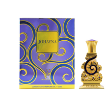 Khadlaj Johayna concentrated perfume oil with ornate gold bottle and purple decorative box.
