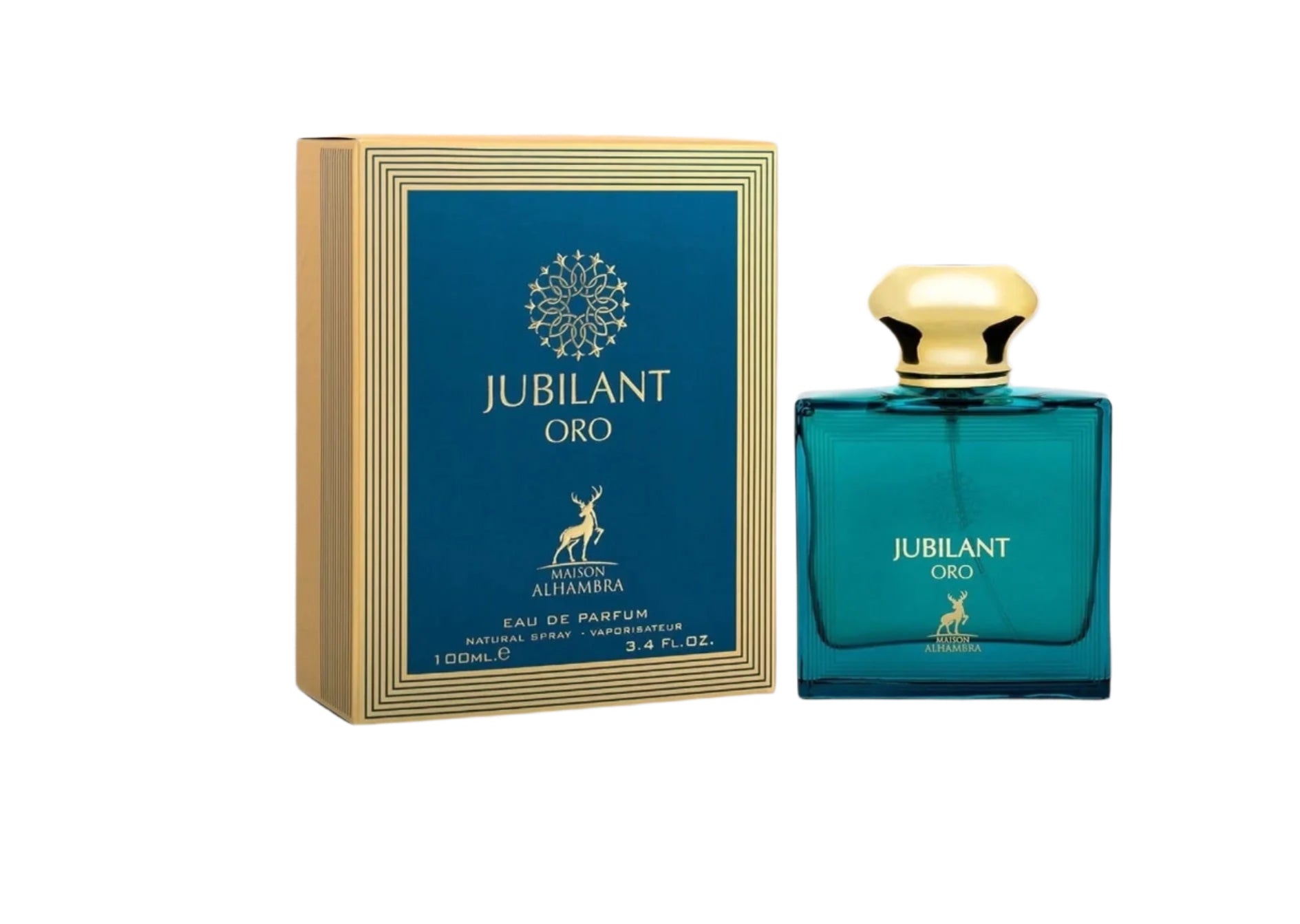 A teal rectangular box with gold detailing labeled ‘Jubilant Oro Eau De Parfum’ by Maison Alhambra, displayed next to a matching square teal bottle featuring a rounded gold cap.