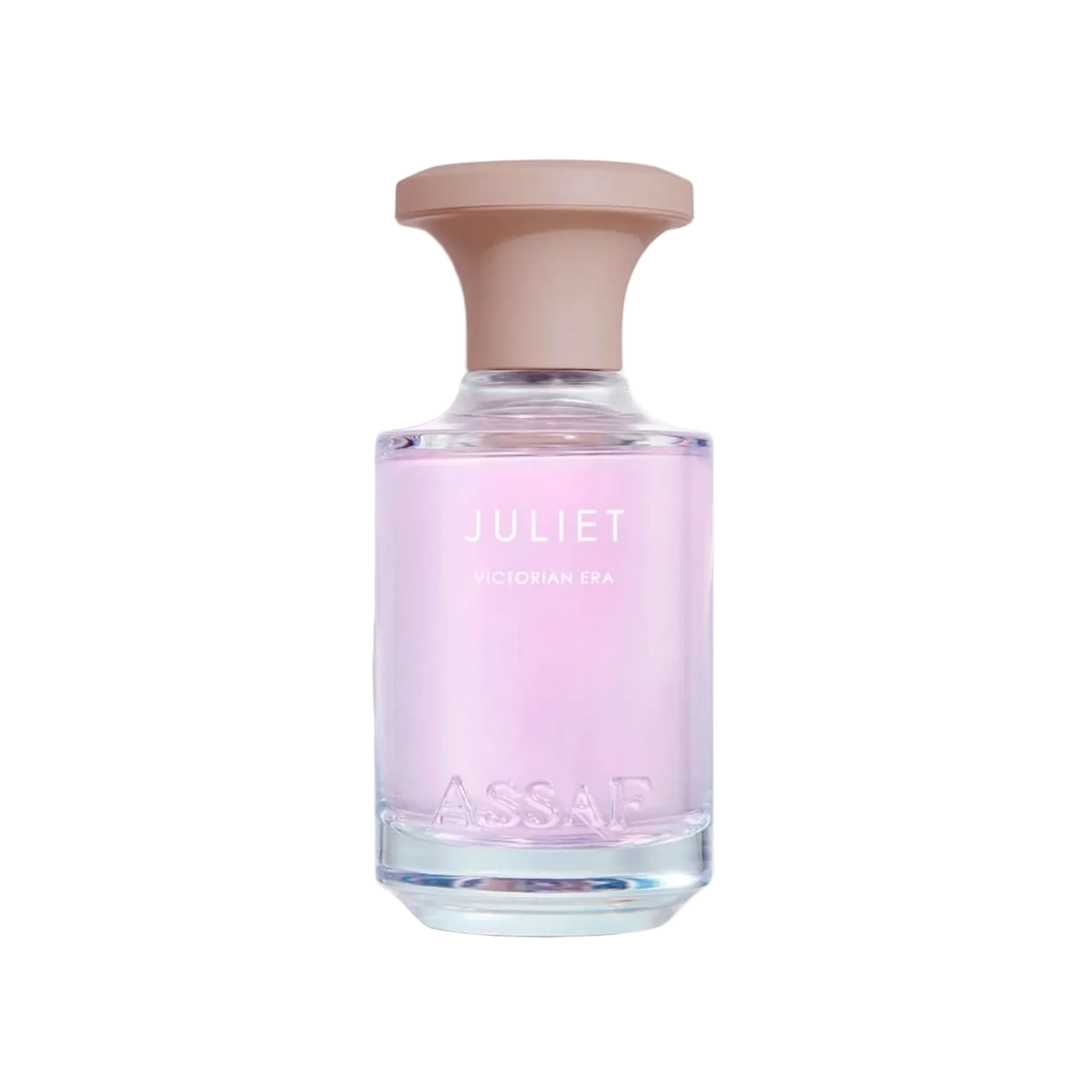 Light purple perfume bottle with beige cap labeled “Juliet Victorian Era”.