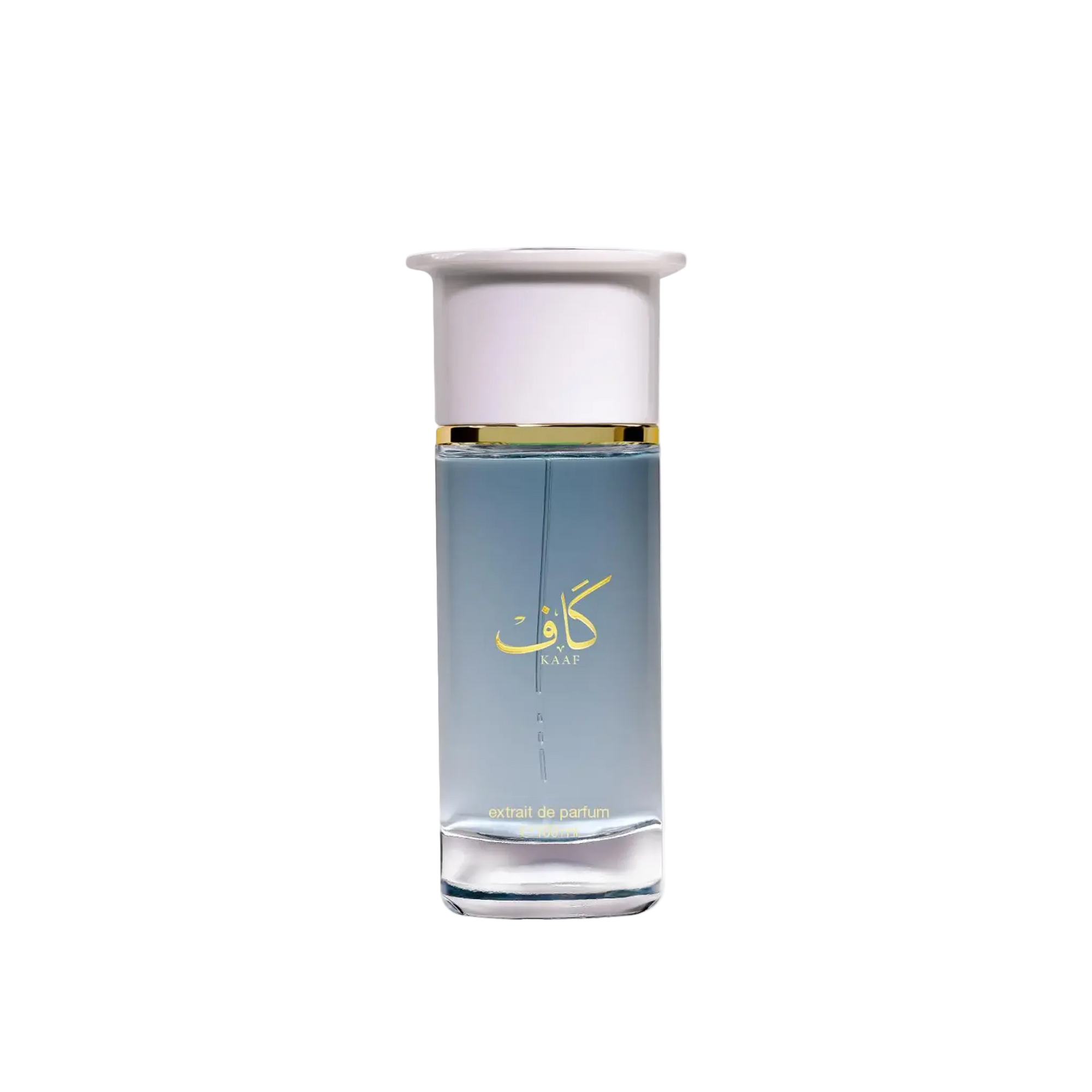 Kaaf Extrait De Parfum bottle featuring a tall clear glass design with soft blue liquid, gold Arabic lettering and a white cap with a gold band.