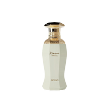 A tall, faceted perfume bottle in a soft pastel-green hue with a decorative gold collar and cap, featuring the words "Kiana Angel" and the brand name "Afnan."