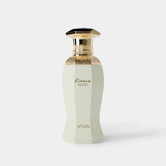 A tall, faceted perfume bottle in a soft pastel-green hue with a decorative gold collar and cap, featuring the words "Kiana Angel" and the brand name "Afnan."