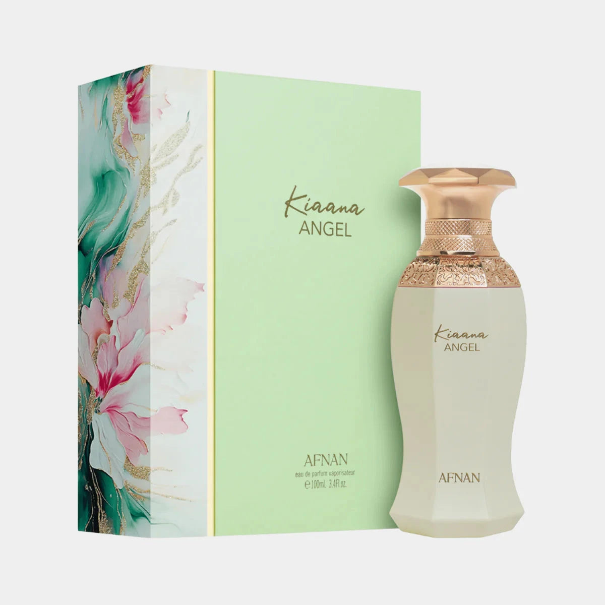 A pastel-green rectangular box with pink floral accents and gold detailing, shown beside the matching faceted perfume bottle labeled "Kiana Angel" by Afnan, topped with an ornate gold cap.