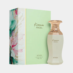 A pastel-green rectangular box with pink floral accents and gold detailing, shown beside the matching faceted perfume bottle labeled "Kiana Angel" by Afnan, topped with an ornate gold cap.