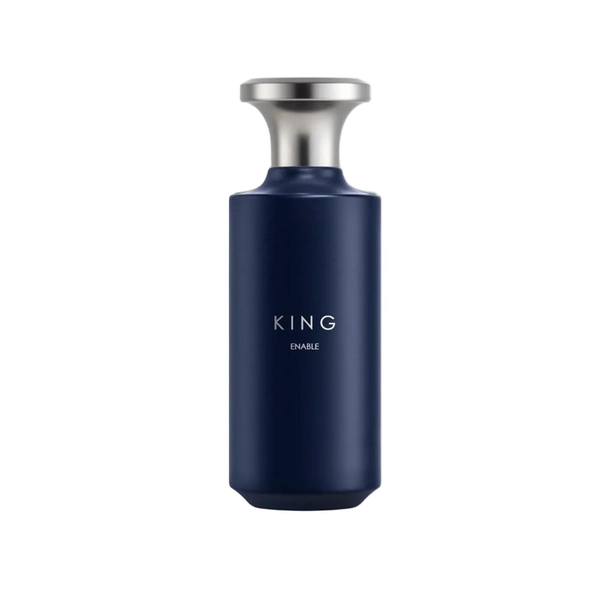 King Enable perfume bottle with a deep navy-blue matte finish, sleek cylindrical shape, silver metallic cap.