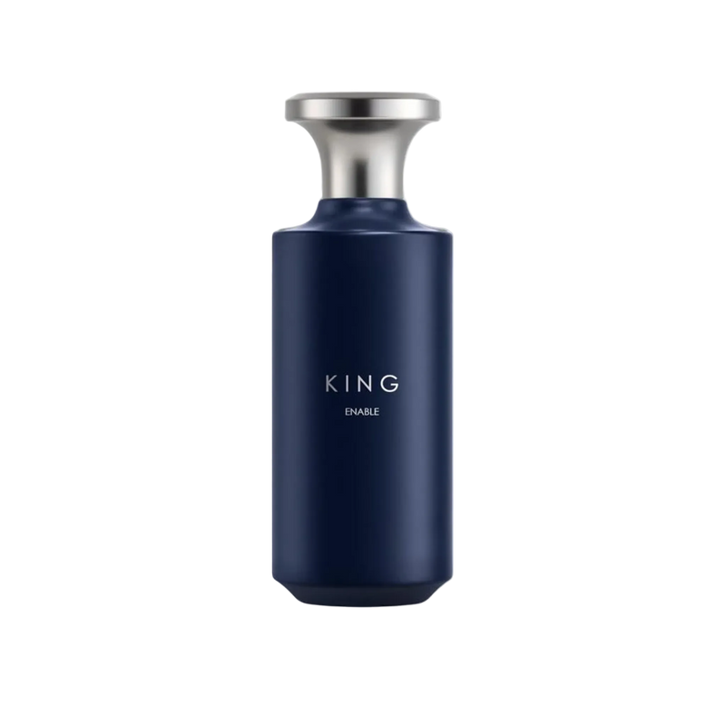 King Enable perfume bottle with a deep navy-blue matte finish, sleek cylindrical shape, silver metallic cap.