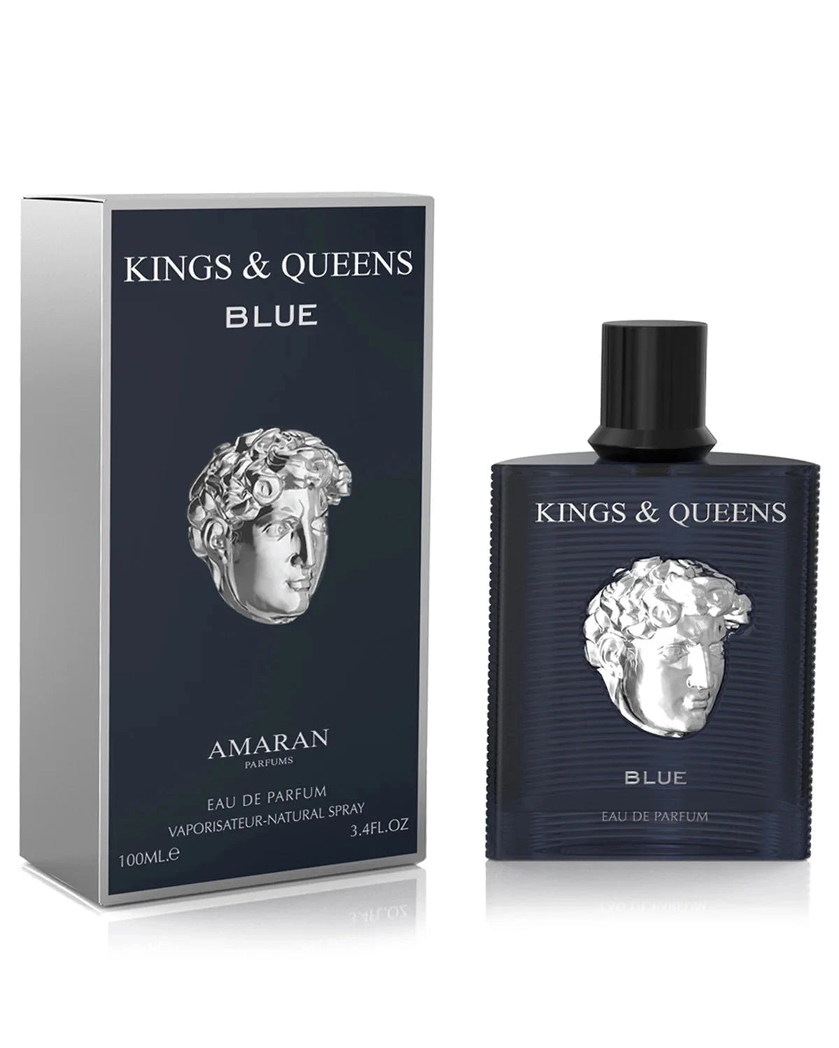 Kings & Queens Blue' Eau de Parfum by Amaran. The product includes a dark blue box with white text and a silver classical head sculpture design. 