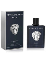 Kings & Queens Blue' Eau de Parfum by Amaran. The product includes a dark blue box with white text and a silver classical head sculpture design. 