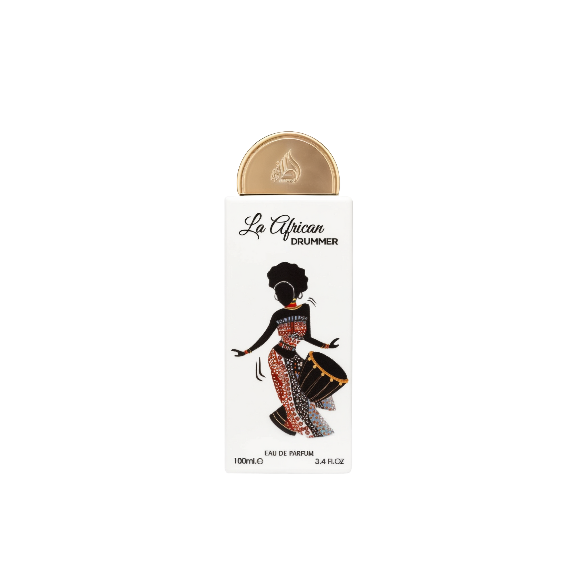 A white rectangular perfume box featuring a stylized illustration of a woman in colorful African attire, playing a drum. The product name, 'La African Drummer,' is written in black, elegant script near the top, with a gold circular cap featuring Arabic ca
