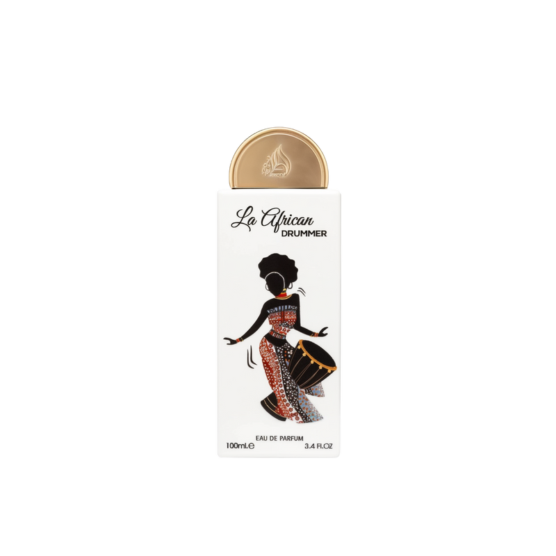 A white rectangular perfume box featuring a stylized illustration of a woman in colorful African attire, playing a drum. The product name, 'La African Drummer,' is written in black, elegant script near the top, with a gold circular cap featuring Arabic ca